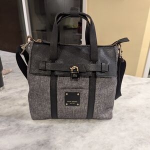 Henri Bendel Jetsetter Bag, Top Handle, Shldr, Backpack Grey Tweed Black Leather